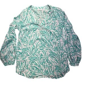 Passport Susan‎ Graver Blouse Top Button Down Long Sleeve Green Print XXS
